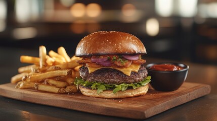 Canvas Print - A gourmet burger piled high with fresh toppings is accompanied by crispy fries and a small bowl of sauce, all beautifully arranged on a wooden board