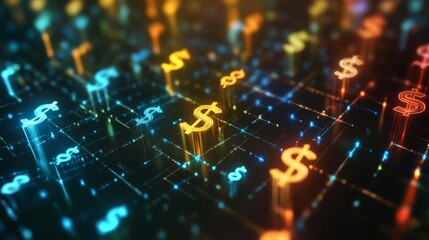 Wall Mural - 3D financial network with vibrant glowing currency symbols interconnected in a global web.