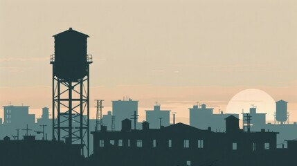 Poster - Chinese minimalism illustration, silhouette of a city skyline with residential buildings and a water tower, flat illustration Chinese illustration on soft gray background, empty copy space