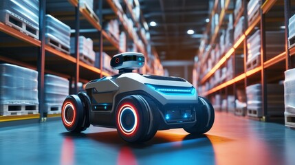 Advanced robotic systems transporting goods in a high-tech warehouse