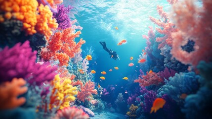 Wall Mural - 3D illustration of a vibrant underwater scene with colorful coral reefs, fish, and a scuba diver.