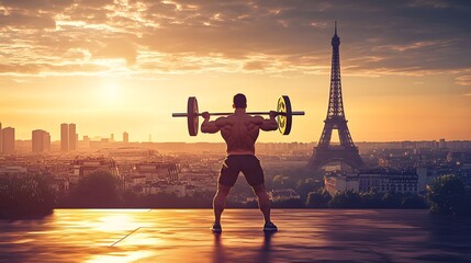 Weightlifter lifting a barbell, powerful stance, Eiffel Tower in the background, early morning light, strong and detailed style, determined mood