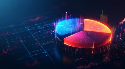 Aufkleber - 3D pie chart with radiant, glowing segments representing financial data on a dark background.