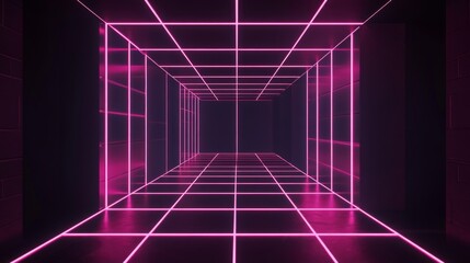 Poster - 3D rendered neon-lit room with black walls and a striking neon grid pattern