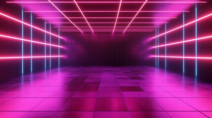 Fototapete - 3D rendered neon-lit room with black walls and a striking neon grid pattern