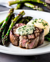 Wall Mural - Gourmet filet mignon topped with herb butter and served with asparagus