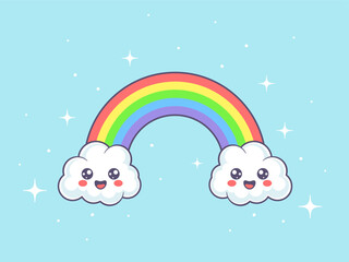 Wall Mural - Rainbow with white kawaii clouds featuring smiling faces and black outlins on blue background. Vector flat illustration.