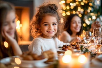 Latina girl having Thanksgiving dinner with her family in a living room with a lit fireplace and lighted Christmas tree.