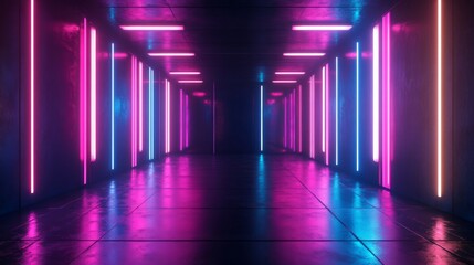 Fototapete - 3D rendering of a dark room with neon-lit walls, creating a futuristic and vibrant ambiance.