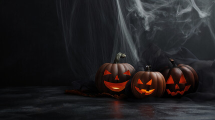 Carved Halloween pumpkins on black scary background