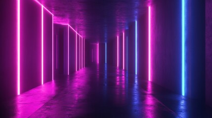 Fototapete - 3D rendering of a dark room with neon-lit walls, creating a futuristic and vibrant ambiance.
