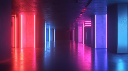Poster - 3D rendering of a dark room with neon-lit walls, creating a futuristic and vibrant ambiance.
