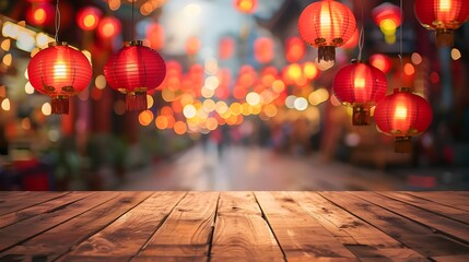 Sticker - Red Lanterns and a Wooden Tabletop in a Festive Setting