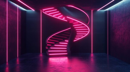 Fototapete - 3D rendering of a neon-lit room with black walls and a glowing neon spiral staircase
