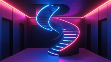 Fototapete - 3D rendering of a neon-lit room with black walls and a glowing neon spiral staircase