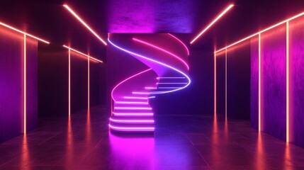 Poster - 3D rendering of a neon-lit room with black walls and a glowing neon spiral staircase
