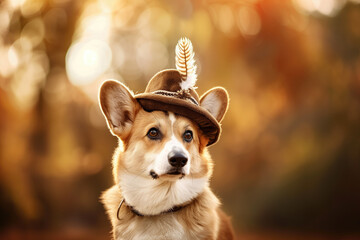 Adorable Corgi wearing a cute hat with a feather in an autumn forest background. Concepts of pets, cuteness, and outdoors in a picturesque natural setting.