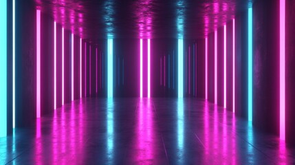 Fototapete - 3D rendering of a neon-lit room with black walls, featuring vibrant pink and blue lights.