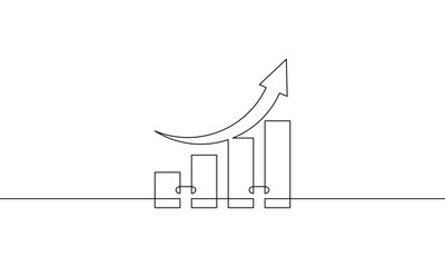 Wall Mural - Continuous line drawing of graph with arrow up. Object one line of bar chart. Single line art of business growth icon. Illustration vector of increasing arrow sign symbol