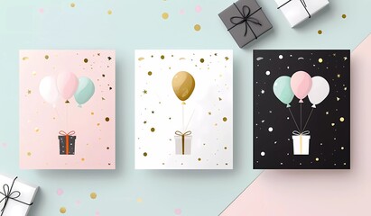 Wall Mural - Set of birthday cards with balloons and gifts on a pink, gold, green, grey, black and white background