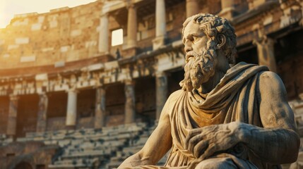 Ancient stone statue of a philosopher in thoughtful pose in grand arena   realistic close up photo