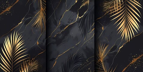 Wall Mural - Set of black and gold marble background with golden line art palm leaf, geometric frame border vector illustration on dark grey background