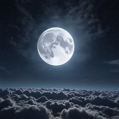 Poster - Beautiful Moon in the Skies. Flying Over the Infinite Clouds with the Night Moon Shining Sea 