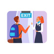 © lembergvector - Passenger with luggage walking to exit of plane, say goodbye to flight attendant vector illustration
