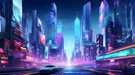 Wall Mural - Night city with high-rise buildings and fast moving cars. Panorama