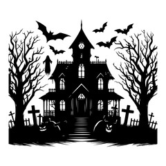 Scary black flat Halloween house silhouette with bat, ghost and pumpkin monochrome spooky building, monsters and ghosts for Halloween illustration white background