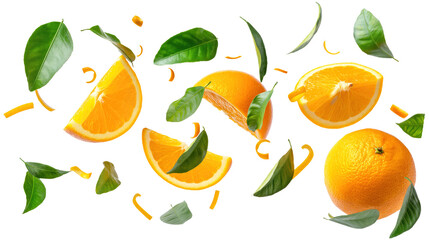 Wall Mural - set of oranges with half slice and green leaves isolated on transparent white background, clipping path