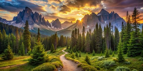 Scenic mountain trail winding through lush green forest, surrounded by towering trees, with a backdrop of majestic peaks and a warm sunset glow.