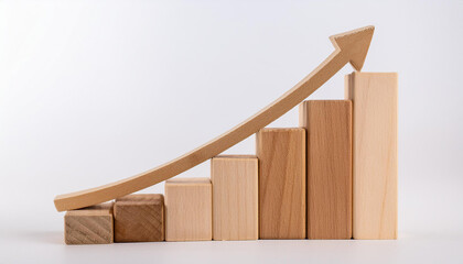 Wooden rising bar graph with an upward arrow on white background. Growth or progress.