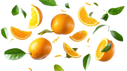 set of oranges with half slice and green leaves isolated on transparent white background, clipping path