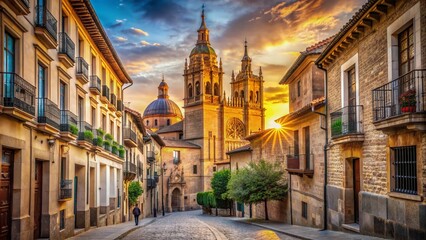 Wall Mural - Ancient cathedral rises above quaint old town streets in a charming Spanish city, warm sunlight casting a golden glow on historic architecture.