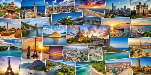 vibrant top view of a colorful collage of numerous travel photos showcasing iconic landmarks, stunni