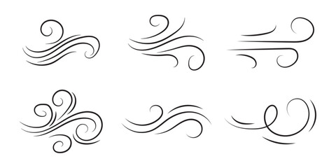 Wall Mural - Doodle wind line sketch set. Hand drawn doodle wind motion, air blow, swirl elements. Sketch drawn air blow motion, smoke flow art, abstract line. Vector illustration. Isolated on white background