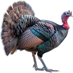 close-up image of a colorful wild turkey displaying its feathers, isolated on a white background.