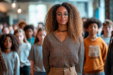 Confident young female teacher standing out among diverse group of students in modern classroom setting, copy space for text