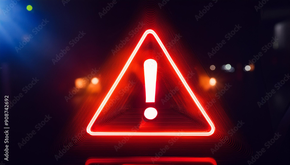 Glowing neon red triangle sign with exclamation point on dark. Warning ...