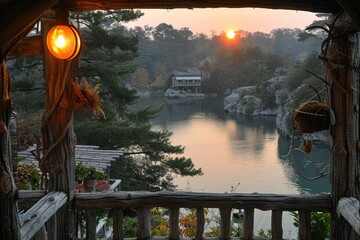 Wall Mural - Wooden Balcony Overlooking a Lake with a Cabin and Sunset