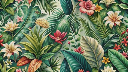 Luxuriant seamless botanical pattern featuring lush green foliage, delicate vines, and tropical flowers in a mesmerizing arrangement of natural beauty and serenity.