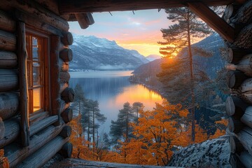 Wall Mural - Sunrise View Through a Cabin Window Over a Mountain Lake