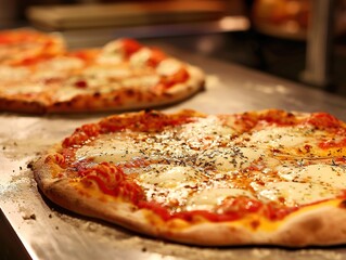 Wall Mural - Close-up of a delicious mozzarella and toppings pizza with fresh basil