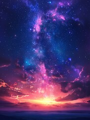 Canvas Print - A vibrant cosmic sky with a galaxy, stars, and nebula above a silhouetted horizon at sunset.