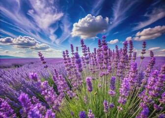 Wall Mural - Serene landscape of vibrant purple lavender flowers swaying gently in the breeze, stretching towards the horizon under a clear blue sky with fluffy white clouds.