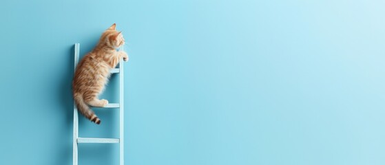 A playful cat climbs a white ladder against a light blue background, showcasing its curious nature and vibrant personality.