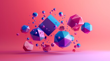 Wall Mural - Abstract geometric shapes in pink, blue, and purple, floating against a vibrant pink background.