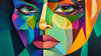 A stylized face is depicted with bold colors and geometric shapes, creating an abstract and modern feel. Linear elements and a vivid palette, including greens, blues, and purples 