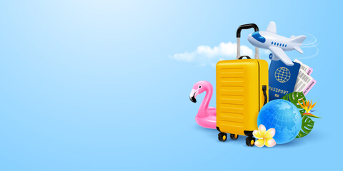 Time to travel conceptual banner template with 3d realistic white flying plane, yellow suitcase, globe, passport, other objects on travel theme on blue background, place for text. Vector illustration